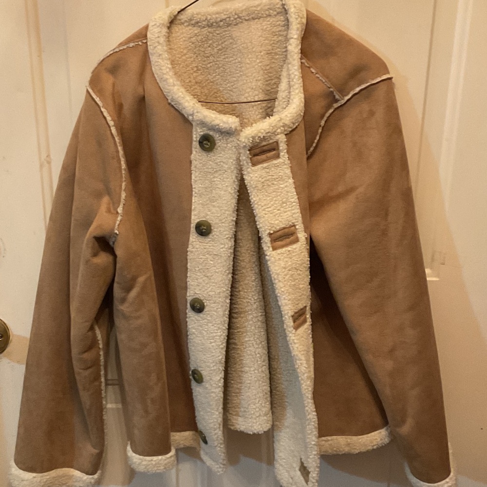 J. Jill Tan Teddy Jacket with Cream Accents
